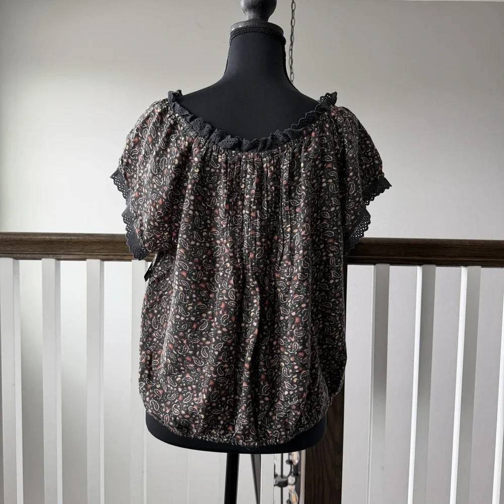 Lucky Brand NWT Cottage Goth L Boho Hippie Floral Front Button Eyelet Trim Top - Picture 4 of 10